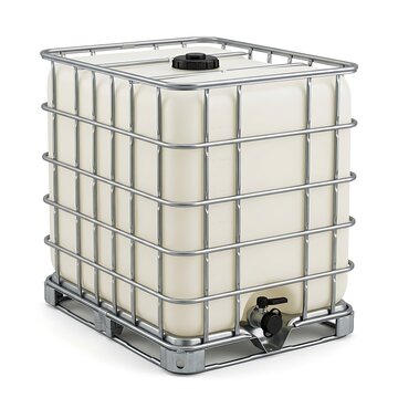 Large plastic water tank with metal cage frame and valve on a pallet for industrial liquid storage. ibc container