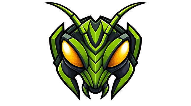 Stylized Green Insect Head with Large Orange Eyes.