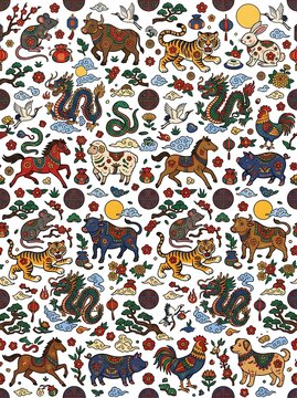 Chinese zodiac animals seamless pattern with traditional motifs