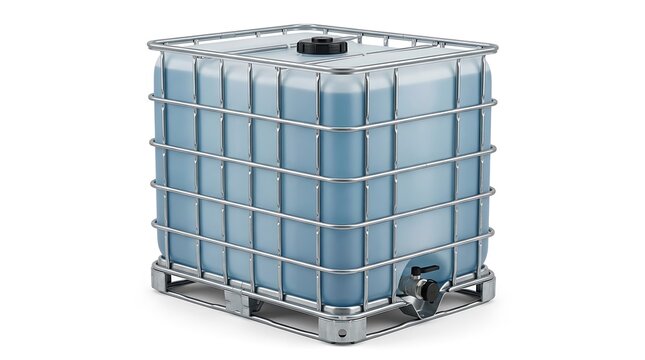 Large plastic water tank container with metal frame cage for industrial storage and chemical transport. ibc container