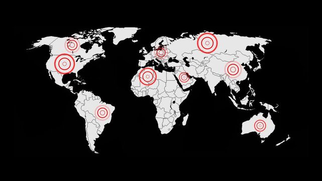 Global World Map with Red Radar Target Markers  Isolated Alpha Channel Animation, Earthquake Location Tracking, Geolocation Points, HUD Interface, 4K Motion Graphics Overlay Design Element