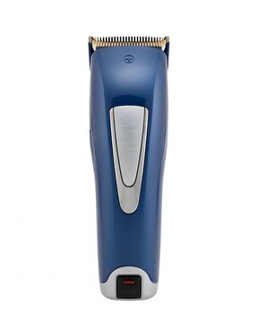 Blue and silver cordless hair clipper for professional grooming and personal care, isolated on white background