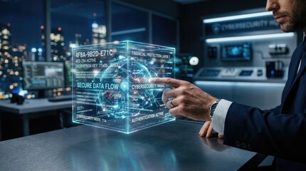 Fototapeta premium A sharply dressed man is interacting with a holographic projection of a globe overlaid with data streams and cybersecurity symbols. 