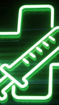 Vertical video: Glowing neon syringe and cross shifting via rolling shutter, halo on ribbed panel