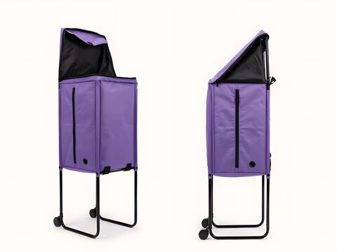 Purple foldable shopping trolley bag for groceries and market transport, isolated on white background