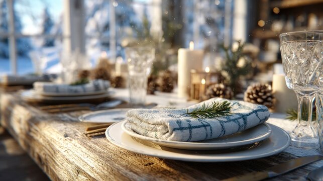 cheerful festive table setting in a winter wonderland,