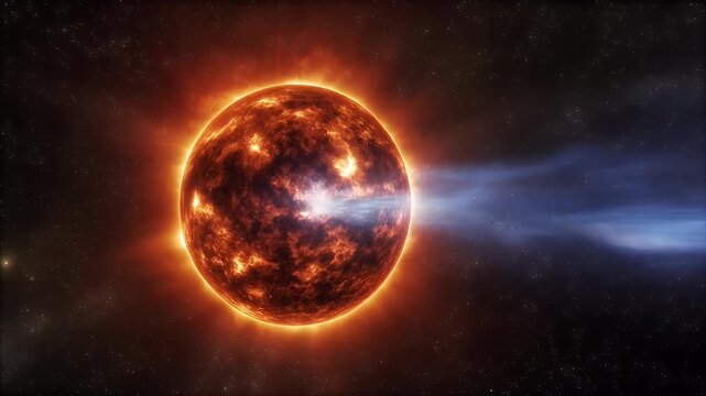 A fiery, glowing star emitting a powerful blue jet into the dark expanse of space.