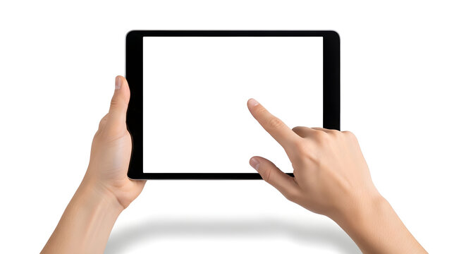 Person touching and using a blank tablet screen with two hands