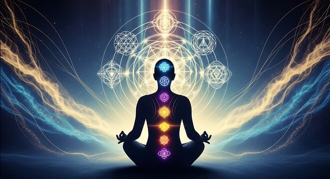 A person meditates in lotus position with glowing chakras and mystical symbols