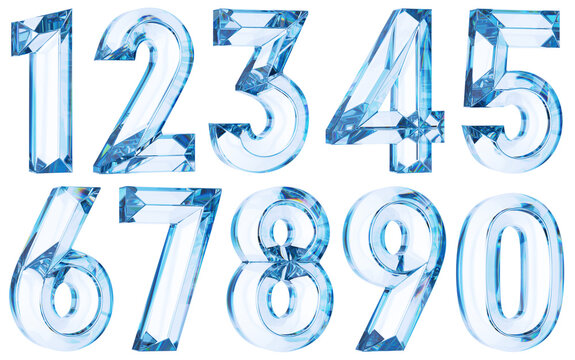 Set of glass clear volumetric faceted numbers from zero to nine. 3d illustration transparent background