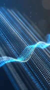 Blue digital wave of particles flows smoothly across a dark background, creating a mesmerizing visual effect with shimmering light and depth in a continuous motion sequence