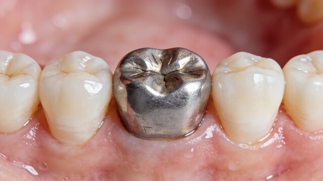 Close-up of severely decayed molar tooth with dental cavity and dark filling