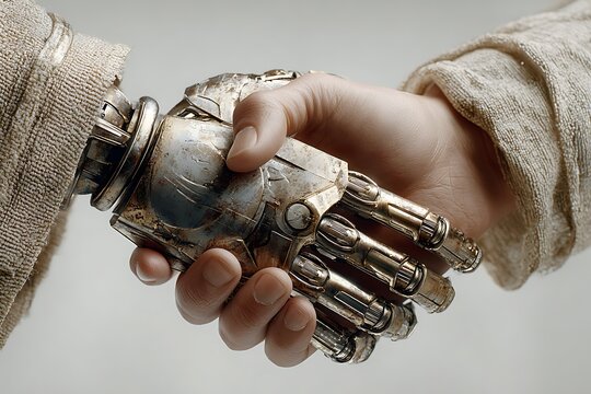 A detailed close-up of a human hand shaking a weathered mechanical robotic hand, symbolizing the unity of technology and humanity.