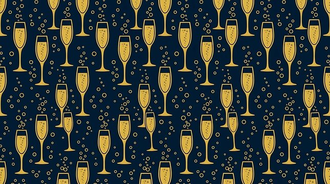 Elegant gold champagne glasses with bubbles seamless pattern