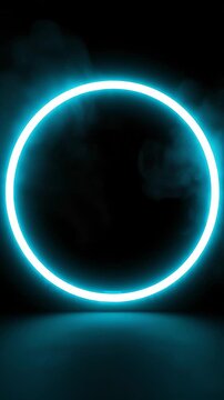 Bright blue glowing circular neon light surrounded by soft smoke on a dark background, creating an ethereal atmosphere with a continuous visual flow across frames