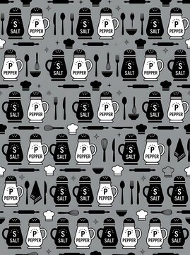 Seamless kitchen pattern with salt pepper shakers and utensils
