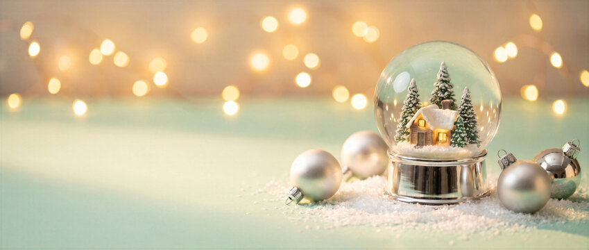 Christmas snow globe with glowing winter cabin, silver ornaments and warm lights on mint background with copy space