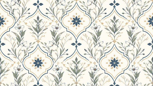 A seamless repeating pattern featuring a vintage damask design with floral motifs and quatrefoil elements in muted blue, beige, and green.