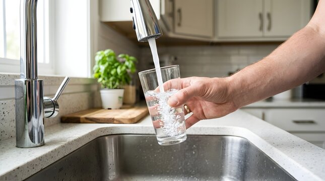 Person holding a clear drinking glass under a running kitchen faucet sink to fill with tap water household hydration refreshing
