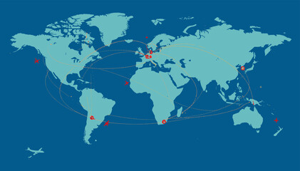 Naklejka premium World map illustrating global connections and distribution of key locations with red markers and connecting lines.