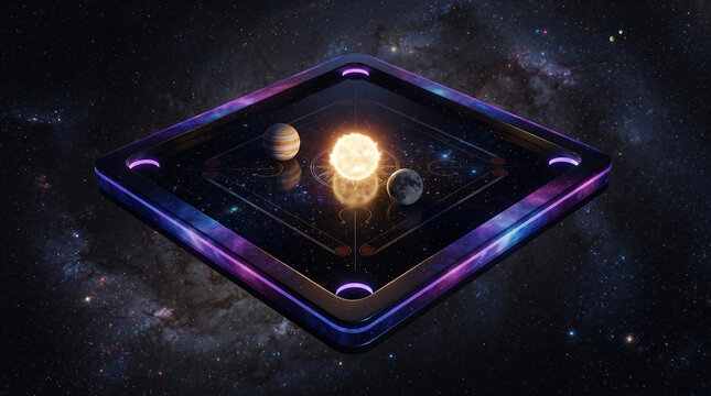 A digital illustration of a futuristic galaxy design carrom board with holographic pieces.