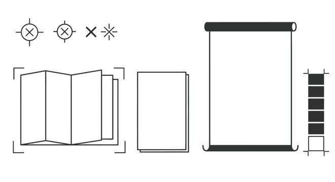 Graphic design elements for layouts with various graphic illustration schematics blueprint template document graphics diagram symbols with scroll