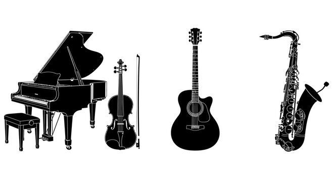 Black and white illustration of various musical instruments with illustration grand piano violin acoustic guitar saxophone keyboard string with wind