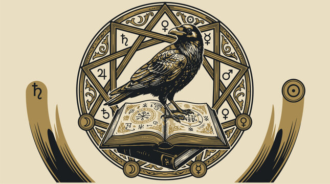 Mystical raven in geometric circle emblem vector illustration astrology occult.