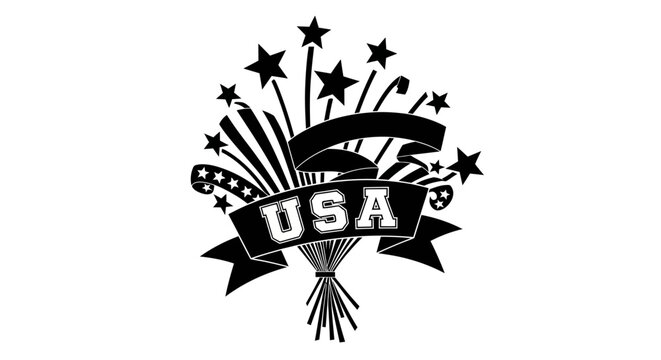 Patriotic usa banner with fireworks with black white graphic surrounded fireworks celebration festival national american element ribbon with symbol