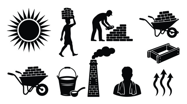 Construction worker silhouette icons, set of 8 black vector symbols for masonry and building industry, manual labor and bricklaying equipment