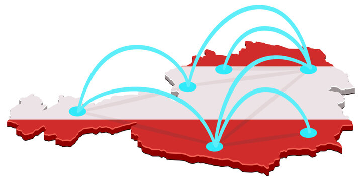 3D isometric map of Austria textured with national flag and connected by blue data lines representing trade routes, domestic flights and telecommunications network (cut out)