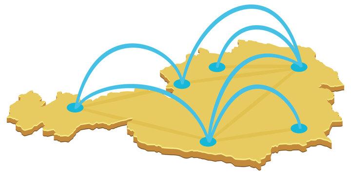 3D isometric map of Austria with blue communication lines representing regional trade routes, data network, internal flights, and domestic transportation logistics (cut out)