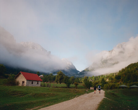 Two hikers on the path in the mountains, shot on film 
