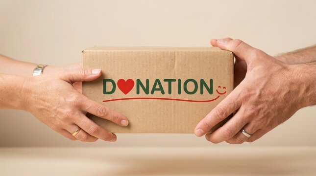 Two people holding a cardboard box with the word donation written on it