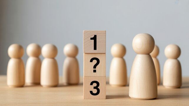Wooden blocks with numbers one, three, and a question mark surrounded by peg doll figures representing leadership and problem solving