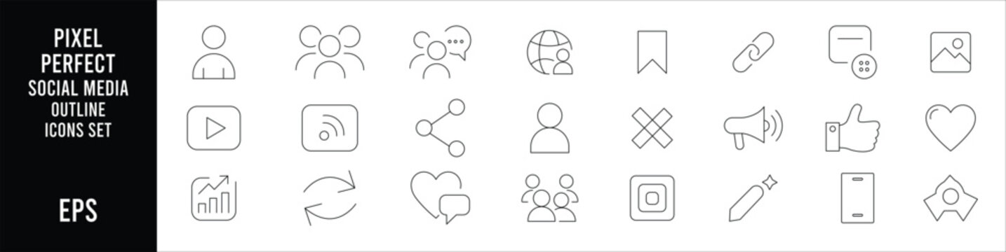 Minimal social media outline icon set featuring communication messaging sharing marketing interface symbols for mobile applications websites and digital user experience design