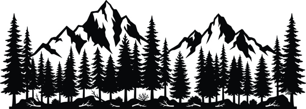 Black and white of a row of pine trees against a white background evergreen trees silhouette forest