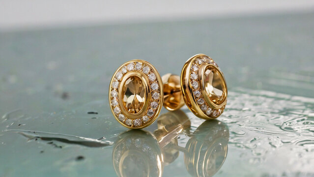 Two gold earrings on the glass table with blur background