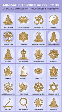 Minimalist Spirituality Icons Set Featuring 24 Sacred Symbols for Mindfulness and Wellbeing, Flat Vector Graphic Elements in Gold and Pastel Blue, Zen Meditation and Yoga Design Collection
