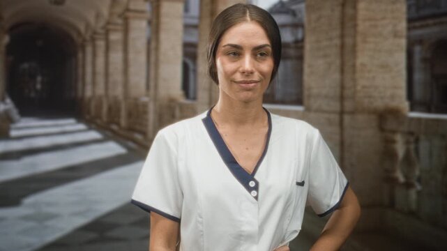 Woman beautician in white uniform pointing index finger with hand on hip in studio corridor; confidence professionalism care.