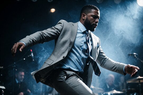 Dynamic Musician Performer in Suit on Stage with Smoke and Lights