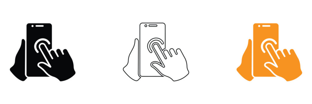 Vector icons of hand holding smartphone with fingerprint scan on white background for digital security and biometric authentication