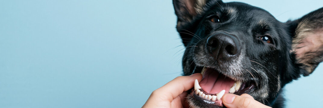 Close-up of a veterinarian hands examining a happy black dog teeth and gums on a blue background with copy space
