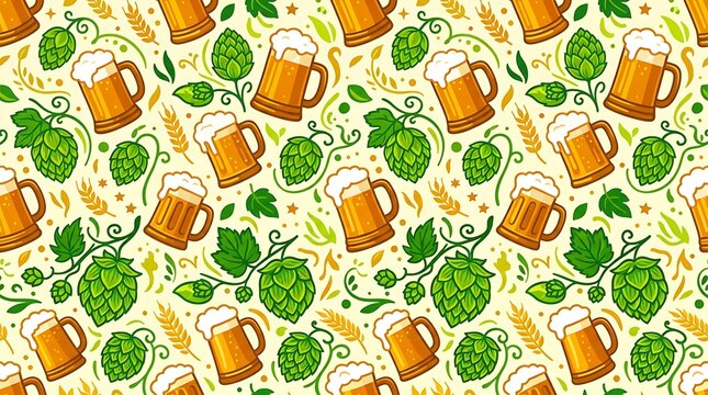 Seamless pattern with foaming beer mugs hops and barley