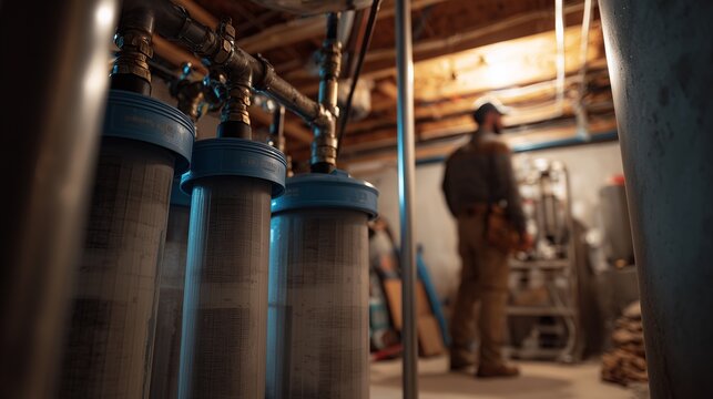 Whole house water filtration system with filter canister, pipe, and plumber in a basement, showing clean water treatment for safe home supply.