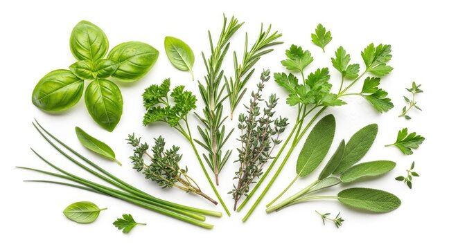 A collection of fresh herbs is arranged on a white surface. The herbs include basil, rosemary, parsley, chives, thyme, sage, and mint.