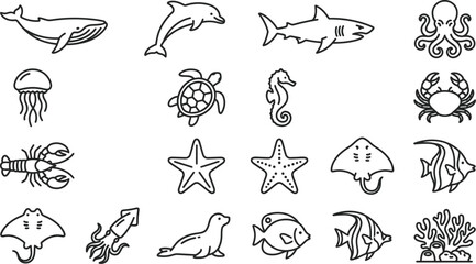 Comprehensive set of sea creature vector icons featuring various marine animals like whales dolphins sharks and crabs rendered in a clean minimalist black line art style for modern digital design proj © saif