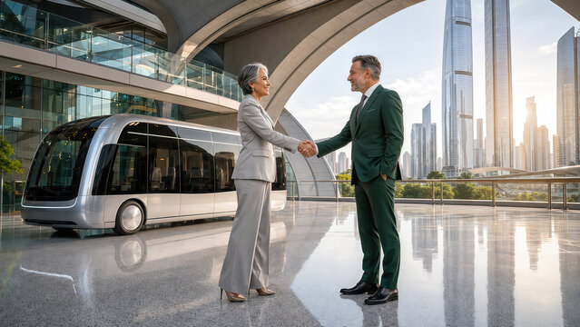 Business partners shaking hands near a futuristic autonomous vehicle