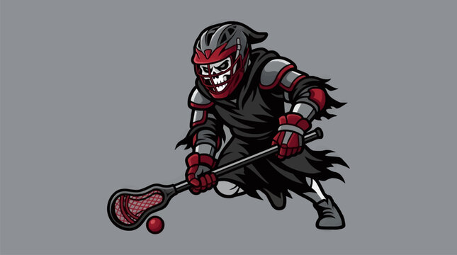 Grim Reaper Lacrosse Player Mascot Illustration, Fierce Skull Face with Red Helmet and Black Robes, Holding Stick and Ball, Dynamic Action Pose, Flat Design Graphic