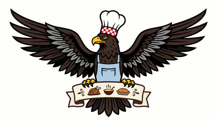Fototapeta premium Majestic Eagle Chef with Outstretched Wings Holding Banner with Roasted Turkey, Soup Bowl, and Pie, Wearing Chef Hat and Apron, Vector Illustration